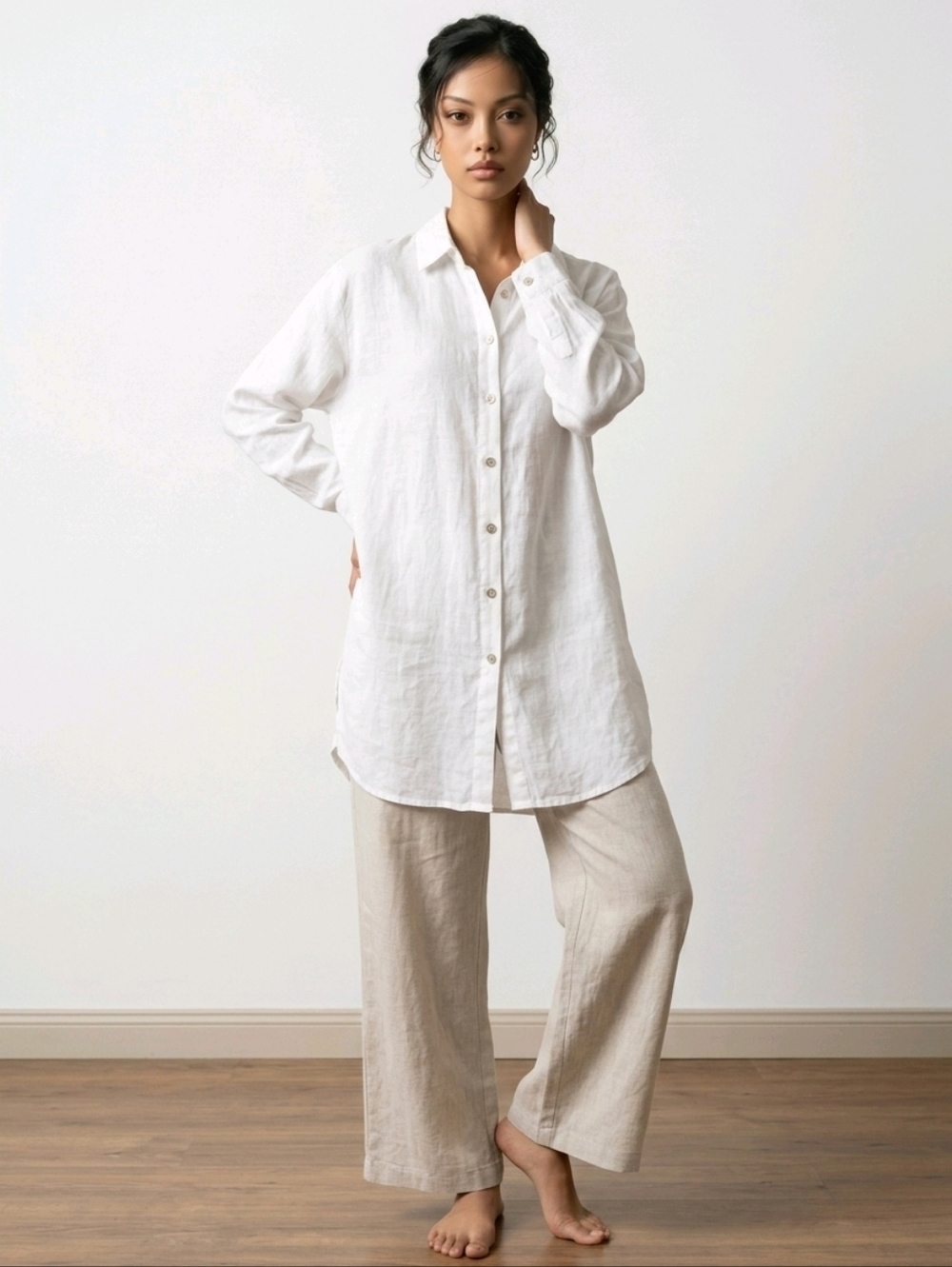Organic Handkerchief White Linen Classic Collar Long Shirt Sz L